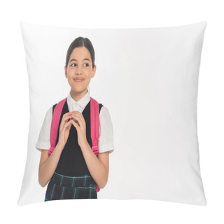Personality  Happy Schoolgirl Having Idea, Creativity, Looking Away Isolated On White, Standing With Backpack Pillow Covers