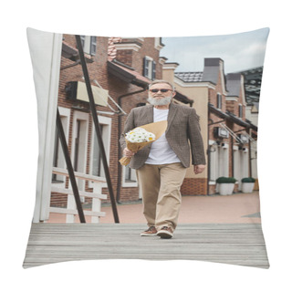 Personality  Senior Man With Beard And Sunglasses Holding Bouquet Of Flowers, Walking On Urban Street, Stylish Pillow Covers