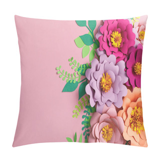 Personality  Top View Of Colorful Paper Flowers And Green Leaves On Pink Background  Pillow Covers