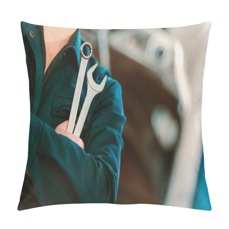 Personality  Cropped Shot Of Auto Mechanic In Overall Holding Wrench And Ring Spanner Pillow Covers