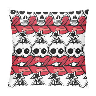 Personality  Hand Drawn Seamless Vector Pattern. Rock-n-roll And Punk Symbols And Accessories, Stars, Skulls, Bones, Red Lips.  Pillow Covers