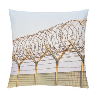 Personality  Detail Of A Metal Grid Fence With Loops Of  Concertina Razor Wire And Barbed Wire Pillow Covers