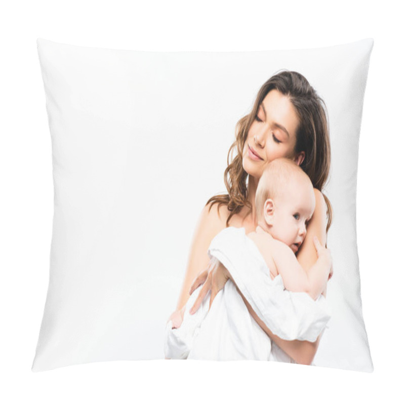 Personality  portrait of nude mother with closed eyes holding baby, isolated on white pillow covers