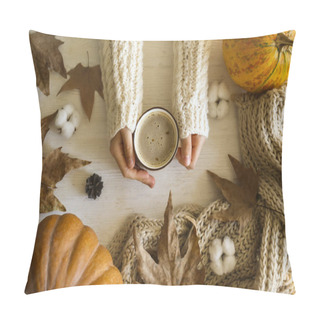Personality  Autumnal Top View Composition With Fall Season Symbolics On Textured Background. Pillow Covers