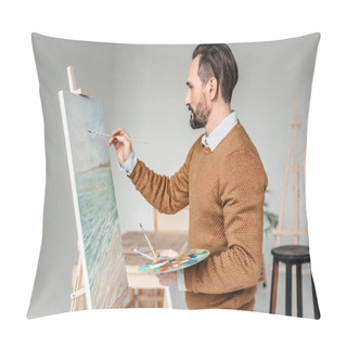 Personality  Side View Of Bearded Man Painting On Easel At Art Class Pillow Covers
