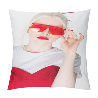 Personality  Stylish Albino Woman Holding Red Sunglasses Isolated On White Pillow Covers