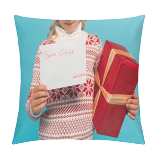 Personality  Cropped View Of Blurred Child With Red Gift Box And Letter To Santa Clause Isolated On Blue Pillow Covers
