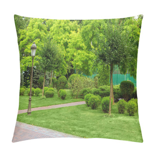 Personality  A Park With Pedestrian Walkways With Many Different Plants, An Iron Lantern On A Summer Day. Pillow Covers