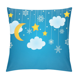 Personality  Vector Blue Background With Hanging Clouds, Moon, Stars And Snowflakes Pillow Covers