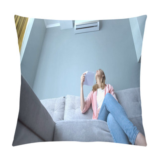 Personality  Woman Looking At Broken Air Conditioner Sitting On Couch, Suffering Heat Pillow Covers