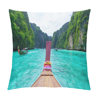 Personality  Traveling With Long Tail Boat On Fantastic Emerald Lagoon Sea At Koh Phi Phi Island Thailand, Pileh Lagoon. Pillow Covers
