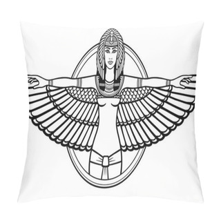 Personality  Animation Portrait Of The Ancient Egyptian Winged Goddess. The Linear Drawing Isolated On A White Background. Vector Illustration, Be Used For Coloring Book. Pillow Covers