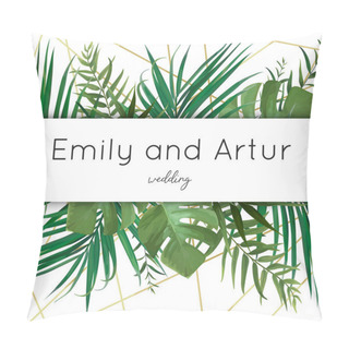 Personality  Wedding Vector Art Floral Invite, Invitation, Save The Date Card Design With Watercolor Tropical Forest Palm Tree Green Leaves, Exotic Greenery & Elegant Golden Decoration. Luxury Anniversary Template Pillow Covers