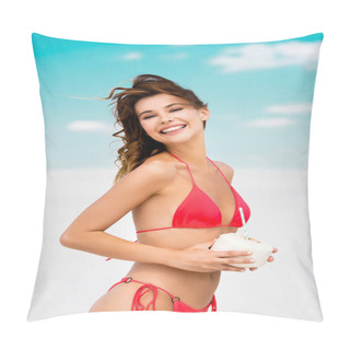 Personality  Smiling Beautiful Sexy Girl In Swimsuit On Beach With Coconut Drink Pillow Covers