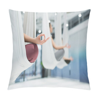 Personality  Sportswomen Meditating In Lotus Pose While Practicing Fly Yoga, Blurred Background Pillow Covers