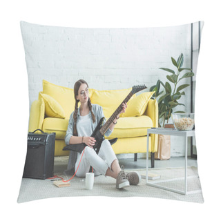 Personality  Female Teen Musician Playing Electric Guitar On Floor In Living Room Pillow Covers