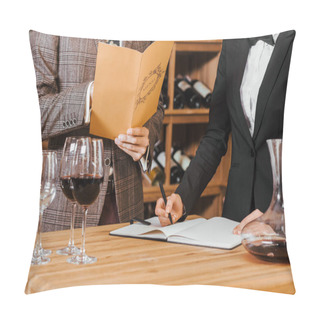 Personality  Cropped Shot Of Wine Steward Writing Notes While Customer Making Order At Wine Store Pillow Covers