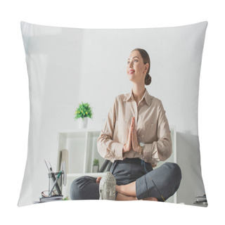 Personality  Happy Businesswoman Meditating In Lotus Pose With Namaste Gesture At Workplace With Buddha Head And Incense Stick Pillow Covers