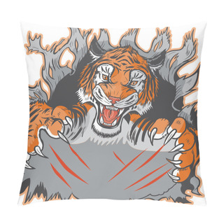 Personality  Tiger Mascot Ripping Out Background And Clawing Vector Template Pillow Covers