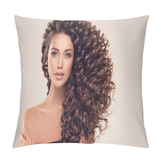 Personality  Brunette Girl With Long And Shiny Curly Hair . Beautiful Model Woman With Wavy Hairstyle Pillow Covers