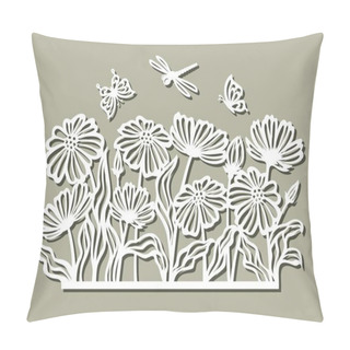 Personality  Panel With Flowers And Insects. Flowerbed, Field Meadow With Chamomiles, Poppies, Butterflies, Dragonfly. Decorative Layout For Plotter Laser Cutting Of Paper, Metal Engraving, Wood Carving, Plywood. Pillow Covers