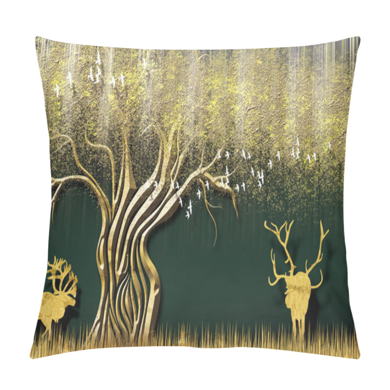 Personality  3d mural wallpaper with dark green background . flowers branches, deer butterfly and clouds.  gold Antelope andgolden stem pillow covers