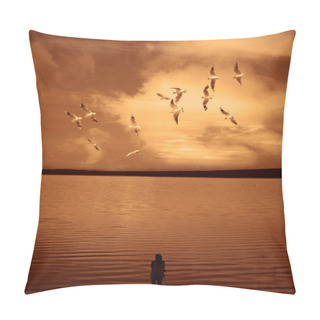 Personality  Silhouette Of Woman Standing Near The Water Looking At The Sunset Across The Lake. Woman  Enjoying View Of Rising Sun In Early  Morning. A Flock Of Seagulls Are Flying In The Sky Overhead Pillow Covers