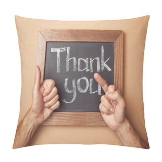 Personality  Cropped View Of Man Showing Thumb Up And Middle Finger Near Chalkboard With Thank You Lettering Pillow Covers