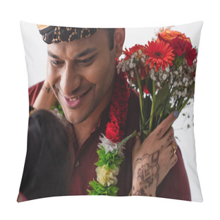 Personality  Happy Indian Man In Turban Looking At Blurred Bride With Mehndi Holding Flowers Isolated On White Pillow Covers
