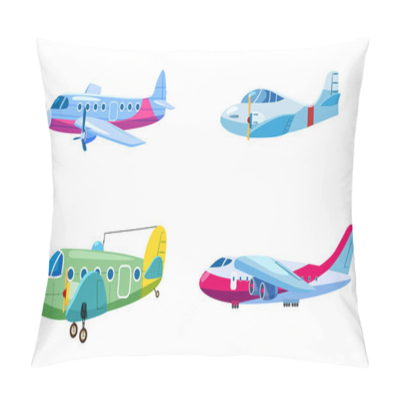 Personality  Set of airplanes aircraft different colour. Retro, personal, cargo, speed, monoplane. Vector isolated cartoon style pillow covers