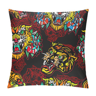 Personality  Tigers Seamless Pattern, Old School Tattoo Vector. Fashionable Pillow Covers