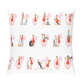 Personality  Woman In Red Dress Taking On Traditional Male Roles And Exchanging Places With Man, Series Of Feminism Illustration And Female Power Pillow Covers