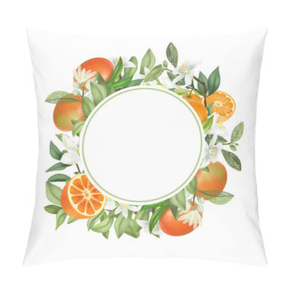 Personality  Round Frame Of Hand Drawn Blooming Mandarin Tree Branches, Mandarin Flowers And Mandarins, Isolated Illustration On A White Background Pillow Covers