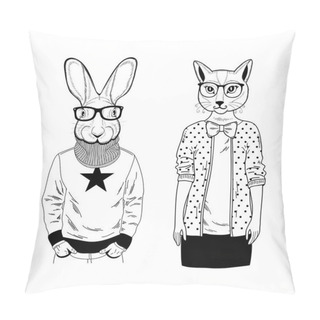 Personality  Couple Of Domestic Cat And Wild Rabbit. Creative Set Of Hand Drawn Animals With Human Body. Vector Illustration For Coloring Book. Pillow Covers