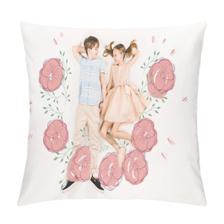 Personality  Top View Of Cheerful Kids Holding Hands Near Pink Flowers On White  Pillow Covers