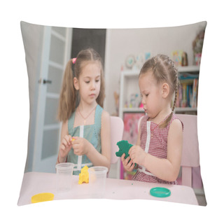Personality  Cute Little Girls Moulding From Plasticine On Pink Table Pillow Covers