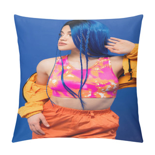 Personality  Colorful Clothes, Dyed Hair, Female Model With Blue Hair Posing In Puffer Jacket On Blue Background, Vibrant Color, Urban Fashion, Individualism, Young Woman With Funky Look  Pillow Covers