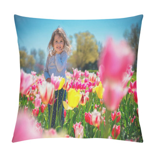Personality  Beautiful Little Girl In Flowers Park Of Tulips. Pillow Covers