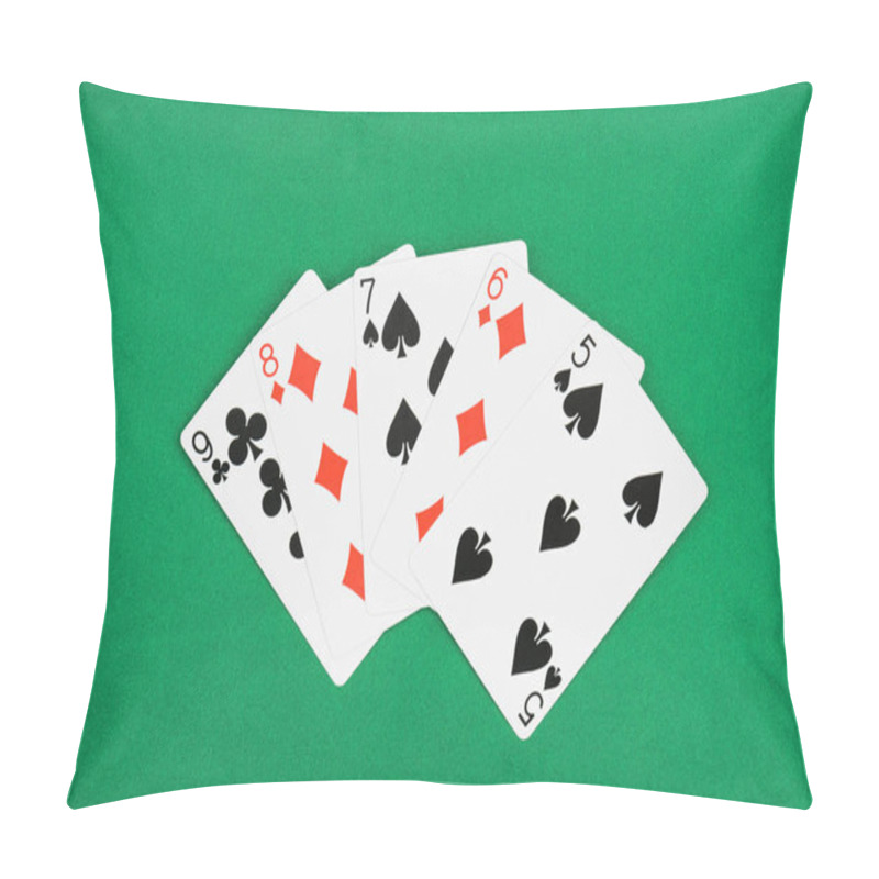 Personality  Top View Of Green Poker Table And Unfolded Playing Cards With Different Suits Pillow Covers