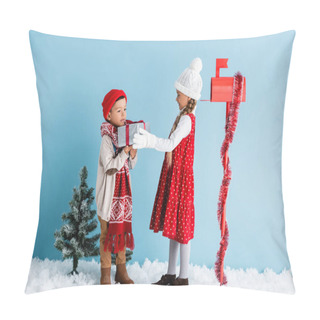 Personality  Boy In Winter Outfit Holding Present Near Sister In Hat And Mailbox On Blue Pillow Covers