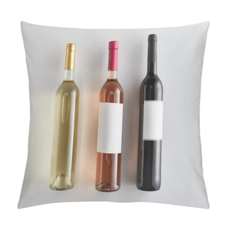 Personality  Flat Lay With Bottles With White, Rose And Red Wine On White Background Pillow Covers