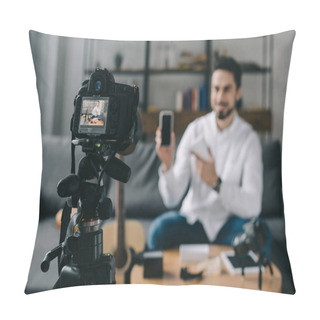 Personality  Technology Blogger Pointing On New Smartphone With Camera On Foreground  Pillow Covers