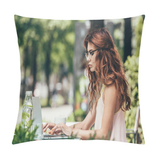Personality  Side View Of Focused Young Blogger In Eyeglasses Working On Laptop In Cafe Pillow Covers