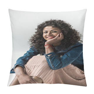 Personality  Woman In Beige Skirt And Denim Jacket  Pillow Covers
