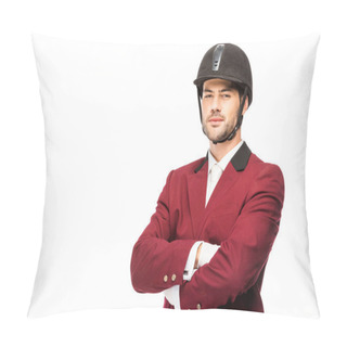 Personality  Handsome Young Horseman In Uniform And Helmet Looking At Camera With Crossed Arms Isolated On White Pillow Covers