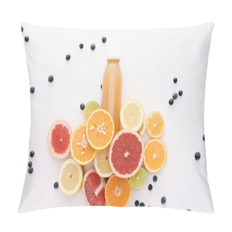 Personality  Top View Of Bottle Of Juice With Citrus Fruits Slices And Blueberries On White Surface Pillow Covers