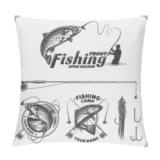 Personality  Set Of Retro Fishing Labels, Badges, Emblems And Design Elements. Vintage Style Design. Pillow Covers