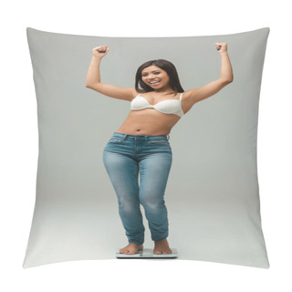 Personality  Happy And Overweight African American Girl In Jeans And Bra Standing On Scales And Smiling On Grey Pillow Covers