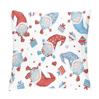 Personality  Christmas Seamless Pattern With Gnomes And Gifts On White Background Pillow Covers