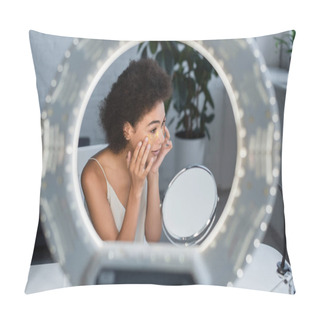 Personality  African American Woman Applying Eye Patches Near Mirror And Blurred Ring Light At Home  Pillow Covers